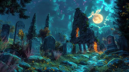 Graveyard at night, Tombstones glowing under the moonlight, creating an enchanted atmosphere