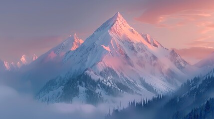 Close-up of a snow-covered mountain peak illuminated by the soft light of dawn, with misty valleys and forests below. - obrazy, fototapety, plakaty