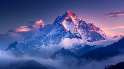 Close-up of a snow-covered mountain peak illuminated by the soft light of dawn, with misty valleys and forests below.