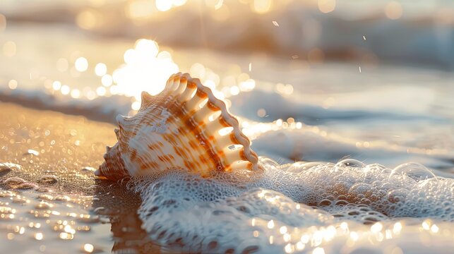 Close-up of a seashell washed up on the shore, glistening in the sunlight against the backdrop of sand and sea foam.