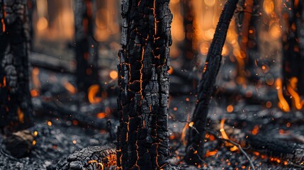 Close-up of charred tree trunks surrounded by smoldering embers, highlighting the aftermath of a forest fire and the destruction it leaves behind.