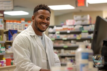 Smiling pharmacist at work in a pharmacy