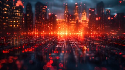 Futuristic Cityscape with Glowing Red Lights