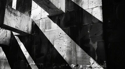 Fototapeta premium Shadows of architectural elements falling on a textured wall, forming intriguing shapes and patterns in an urban environment.