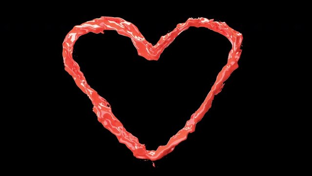 Closeup Slow motion Red paint color splash follow part to Heart shape valentine day concept idea. include alpha channel. 4K	