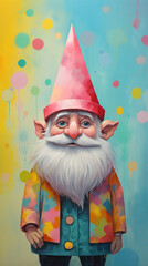 A cartoonish gnome with a pink hat stands in front of a colorful background. The gnome's outfit is bright and cheerful, and the background is filled with colorful dots