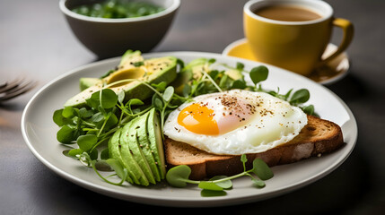A breakfast spread with whole grain toast, avocado, and eggs