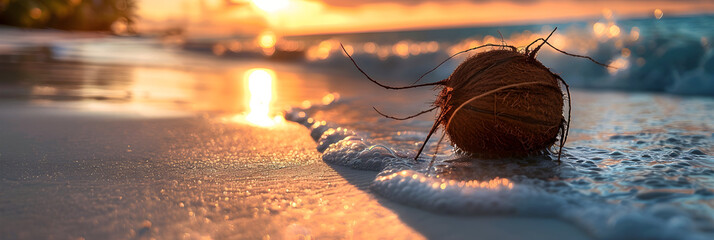 Coconut on the beach at sunset, a beautiful and serene tropical scene for vacation and relaxation. - obrazy, fototapety, plakaty