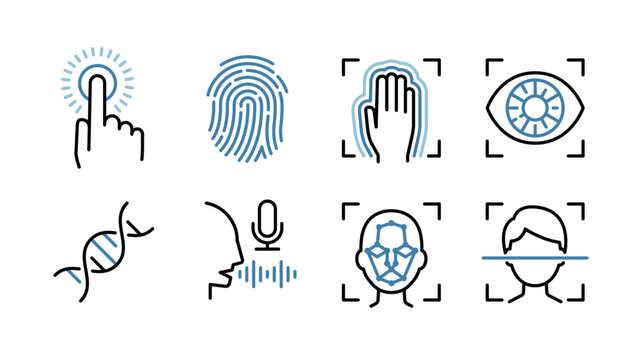 Icon set for biometric authentication, fingerprint, palm vein, iris, DNA, voice, and face, Variable line width