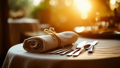 The cozy scene showcases a rustic dining table set with silverware and cloth napkins tied with string, inviting diners to enjoy a delightful meal together. - Powered by Adobe