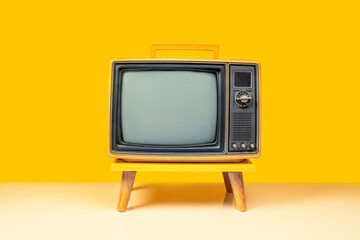Front view of retro yellow old television on a stand with blank screen, vintage old fashioned TV...