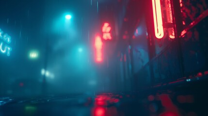 Soft beams of neon shine through the mist diffusing the oncebright signs into dim hazy shapes. A dreamlike backdrop that adds depth and emotion to any scene of loneliness or nostalgia. . - obrazy, fototapety, plakaty