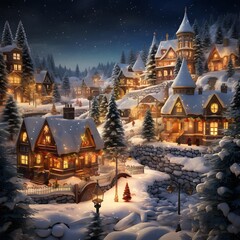 Digital painting of a winter village at night with houses covered with snow