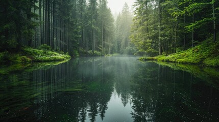 Photo of a beautiful lake in a dense forest - obrazy, fototapety, plakaty