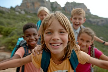 Group of children with backpacks on top of a mountain smiling at camera