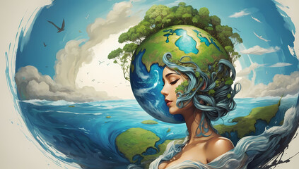Mother Earth illustrated as woman and planet with rivers and trees with peaceful expresion