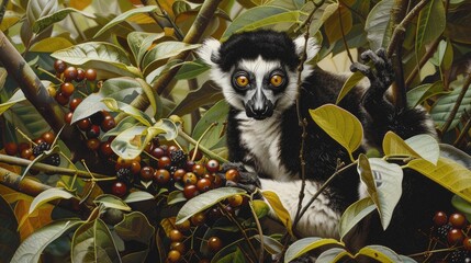 A black and white lemur perched among the foliage ready to snack on berries