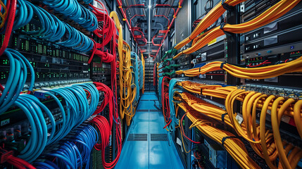 A long row of colorful cables and wires