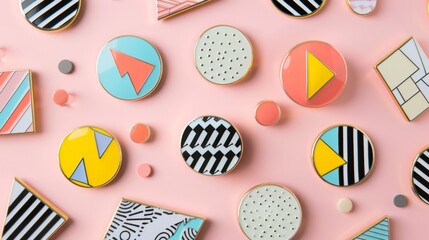 Blank mockup of a series of enamel pins with geometric shapes and patterns . - obrazy, fototapety, plakaty