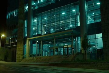 Modern office building windows lit in evening night early morning long working hours exhaustion overtime exterior urban architecture skyscraper lights tower financial sector banking hq headquarters