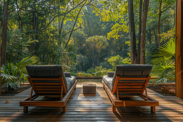 wooden bench in the park, **two lounge chairs are on a deck in the forest, in the style of exotic flora and fauna, landscape-focused, expansive landscapes, organic, southern countryside, high quality  - obrazy, fototapety, plakaty