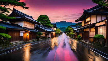 Empty road at Kyoto village after rain in the evening. fantasy colorful sky landscape. Generative AI illusration