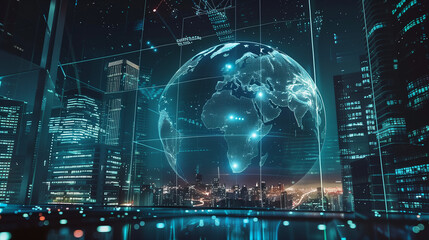 Blue 3D hologram of planet Earth with a map of countries and continents, projected onto glass with a modern city in the background. Wallpaper of technology, entrepreneurship, and current news