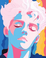 wall art. a flat illustration of a man with white hair and his eyes closed against a rainbow background.