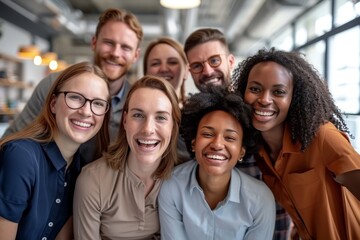 Portrait of happy multiethnic business people looking at camera in office