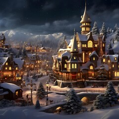 Beautiful winter landscape with houses in the snow at night. 3d rendering