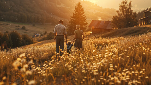 Bucolic countryside landscape with flowers at sunset in golden light, with a father and a mother playing with their child and a village house in the background. Wallpaper of a happy traditional family