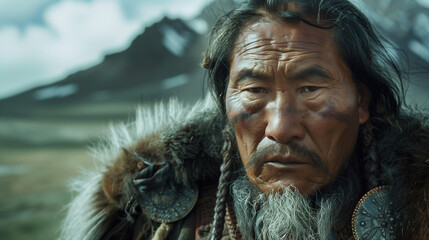 Mongolian shaman, with mustache and beard, long braided hair, tribal decoration, Asian features, and animal skins. In the background, the cold snowy mountains over a plain
