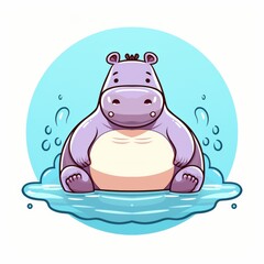 A cute cartoon hippopotamus sitting in a puddle of water