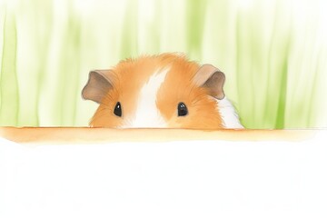 A watercolor painting of  A cute guinea pig peeks over a wooden fence and stares at you with its big, round eyes. - obrazy, fototapety, plakaty