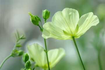 A light green flaxseed flower on the right side of the picture, closeup, often beautiful - obrazy, fototapety, plakaty