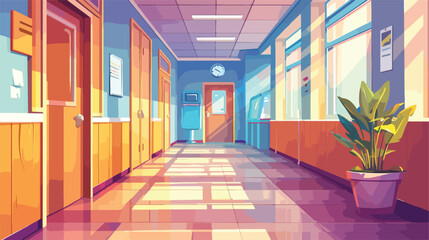 Colorful school corridor with window doors and cupb