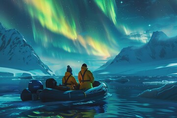 a marine ecologists a man and woman on an expedition in the arctic ocean, the northern lights
