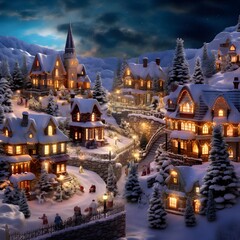 Winter village in the snow. Christmas landscape. 3D rendering.