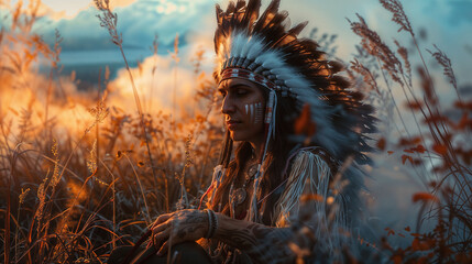 Native American Indian, with a feathered headdress, folkloric decoration, war paint on the face, and traditional clothing, on a field in the plains. Wallpaper of American essence in a reservation