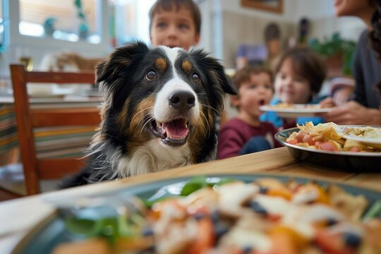 dog and their mouth is watering as they watch a family eat dinner