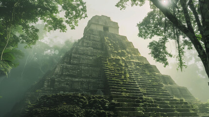 View from below of an imposing Mayan or Aztec stepped pyramid in the jungle, surrounded by trees and wild vegetation, with an epic light in the background, for an ancient civilizations wallpaper