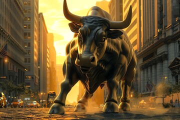 Stock market bull, dynamic pose, financial district backdrop, golden morning light,  - obrazy, fototapety, plakaty