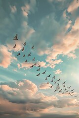 Avian influenza spread among wild migratory birds, flock in flight, cloudy sky, distant view,  - obrazy, fototapety, plakaty