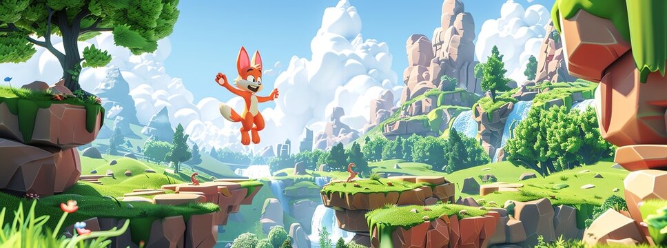 2D screen platformer game, funny animal character jumping, bright, cartoony landscape, 