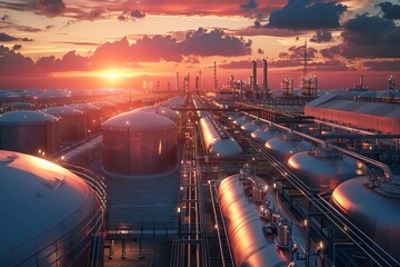 Gas inventory at industrial plant, storage tanks and pipelines, sunset background, detailed labels, 