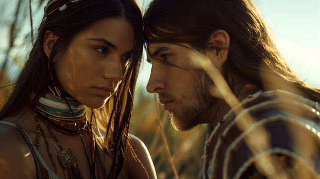 Romantic encounter between a European soldier in the Middle Ages with armor and a young indigenous American woman. A loving couple in a cinematic sunset with the sun in the background.