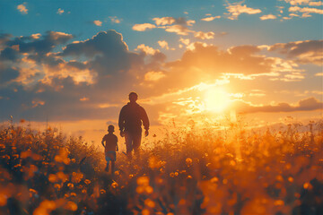 Naklejka na ściany i meble Father's Day theme with father and his child traveling and hiking or doing outdoor activity together in the nature at sunset