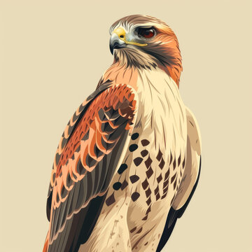 This is a highly detailed digital artwork depicting a regal red falcon with piercing eyes against a tan background.