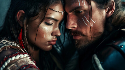 Romance between a Native American indigenous girl and a Caucasian European man with blonde mustache and beard. Love scene with profiles of faces about to kiss, representing miscegenation