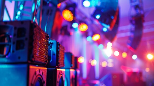 The blurred background of stage lights and audio speakers adds a touch of mystique to the event space emphasizing the importance of stateoftheart equipment in event production. .